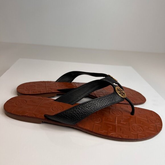 Tory Burch Sandal Women 8 Thora Leather Thong Gold Medallion Flat Party Core Go - Picture 5 of 11